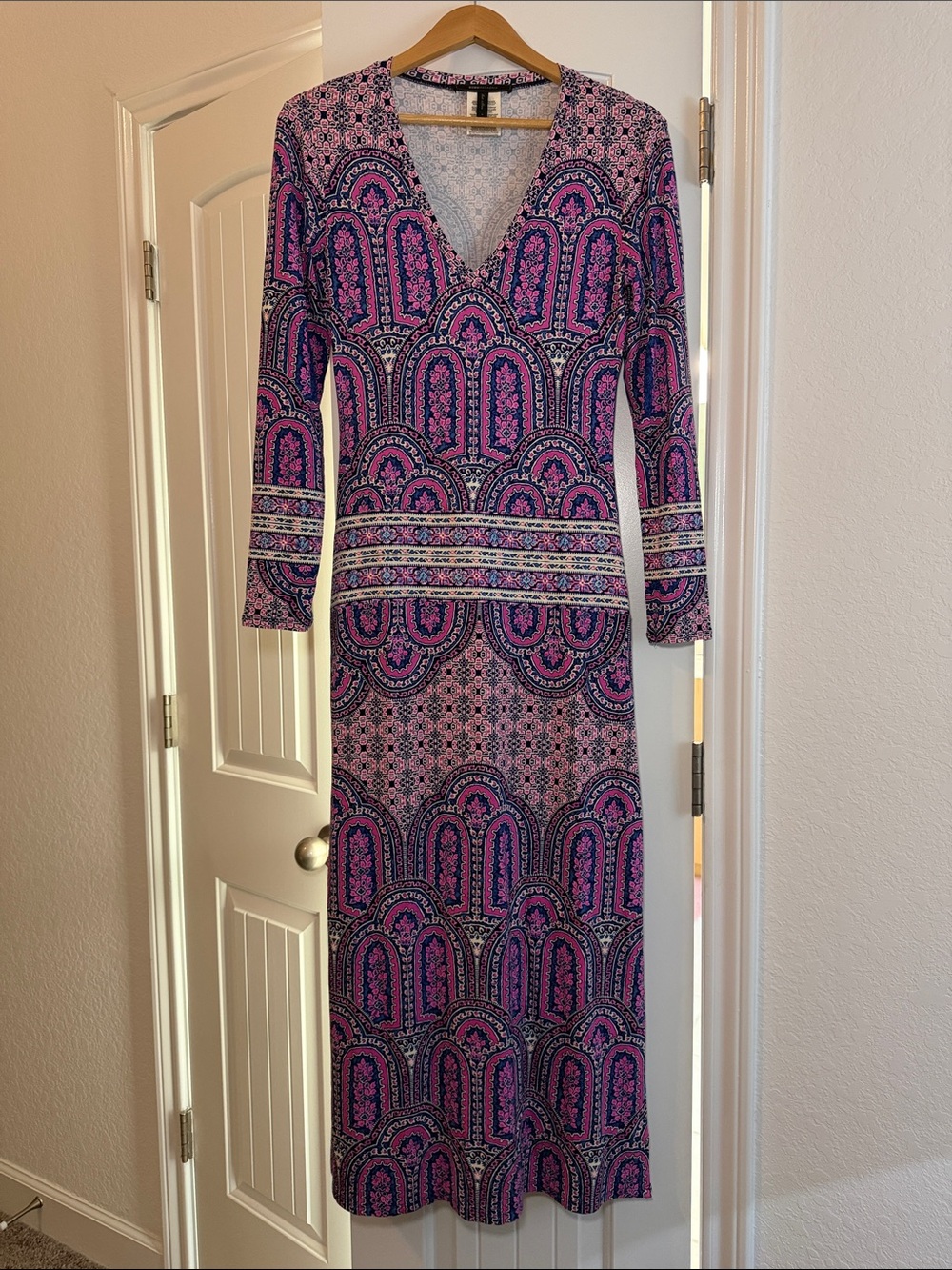 BCBG Pink & Purple Patterned Long Sleeve Maxi Dress